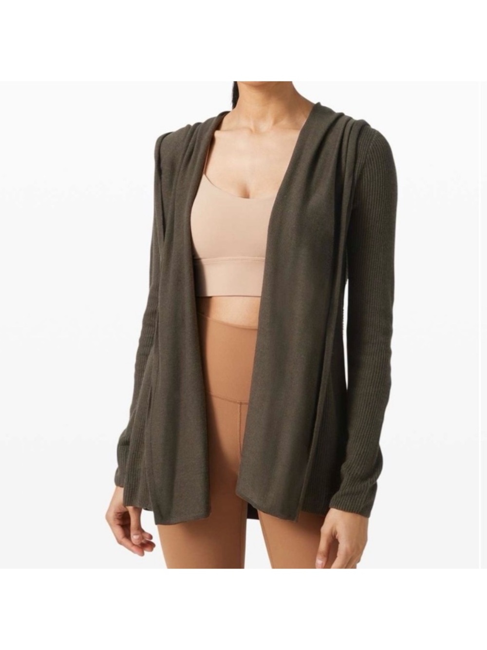 Lululemon Sundown Sweater Wrap Dark Olive Green Cashmere Blend Hood Size 10